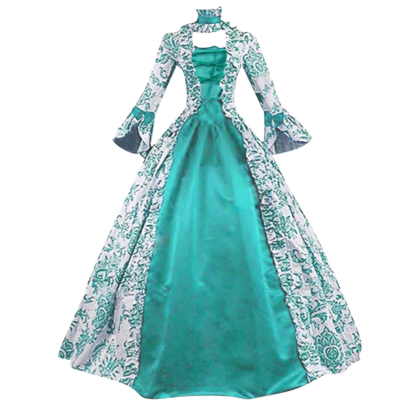 Women Lace-Up Medieval Dress Ruffles Bow Vintage Victorian Carnival Maxi Dress High Waist Floral Female Fairy Long Dress Vestido