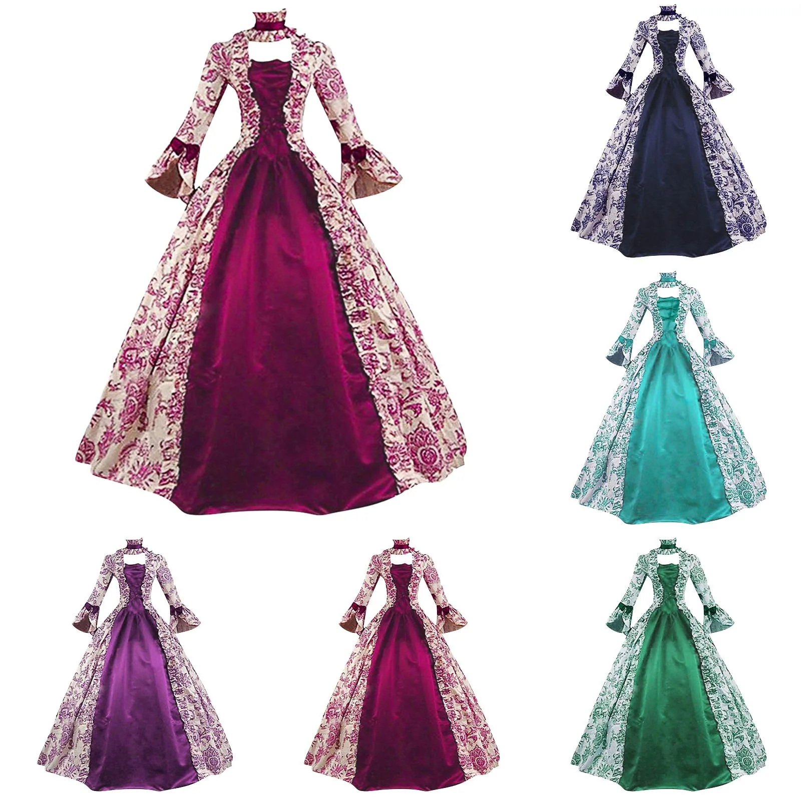 Women Lace-Up Medieval Dress Ruffles Bow Vintage Victorian Carnival Maxi Dress High Waist Floral Female Fairy Long Dress Vestido