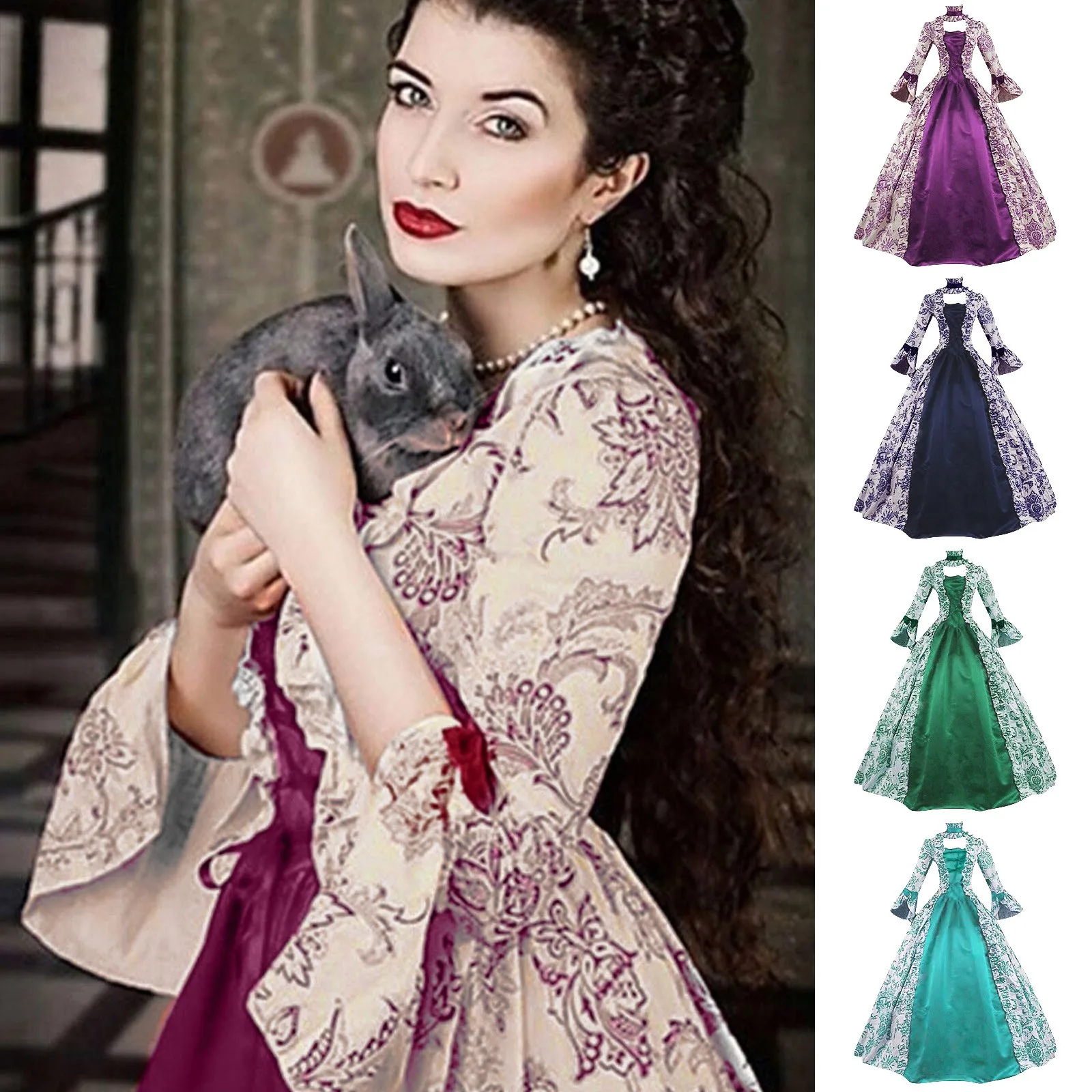 Women Lace-Up Medieval Dress Ruffles Bow Vintage Victorian Carnival Maxi Dress High Waist Floral Female Fairy Long Dress Vestido