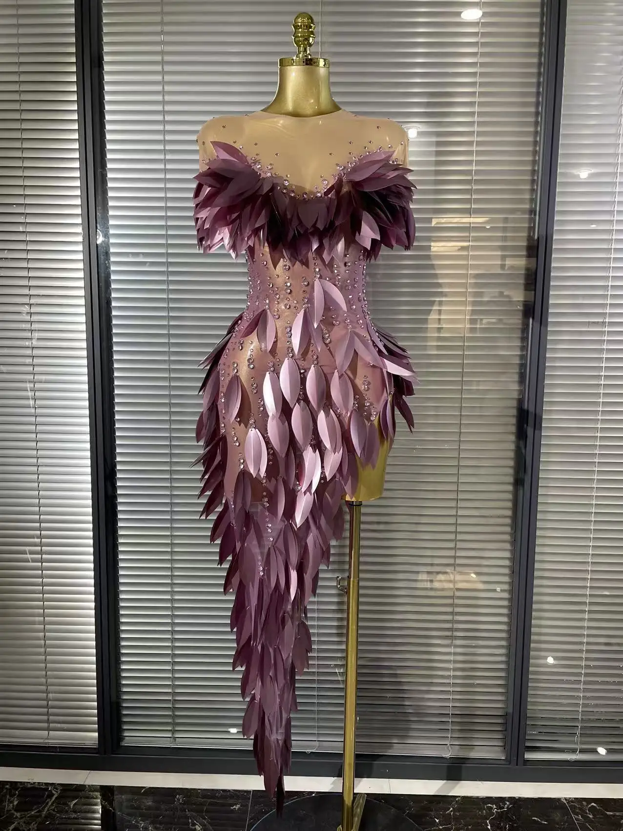 Purple Color Women Sexy 3D Acrylic Leaves Mesh High Stretch Bodycon Long Dress Evening Party Celebrate Birthday Photoshoot Wear