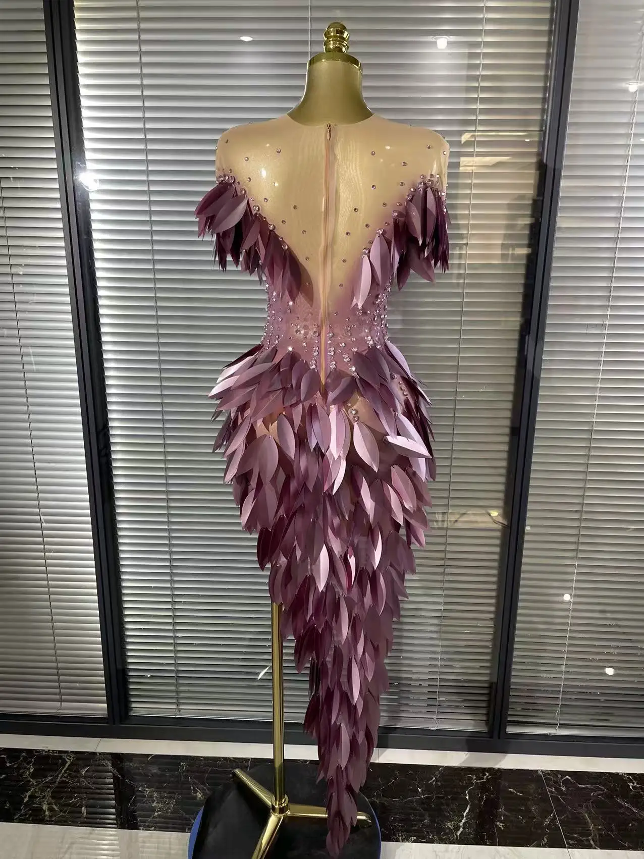 Purple Color Women Sexy 3D Acrylic Leaves Mesh High Stretch Bodycon Long Dress Evening Party Celebrate Birthday Photoshoot Wear