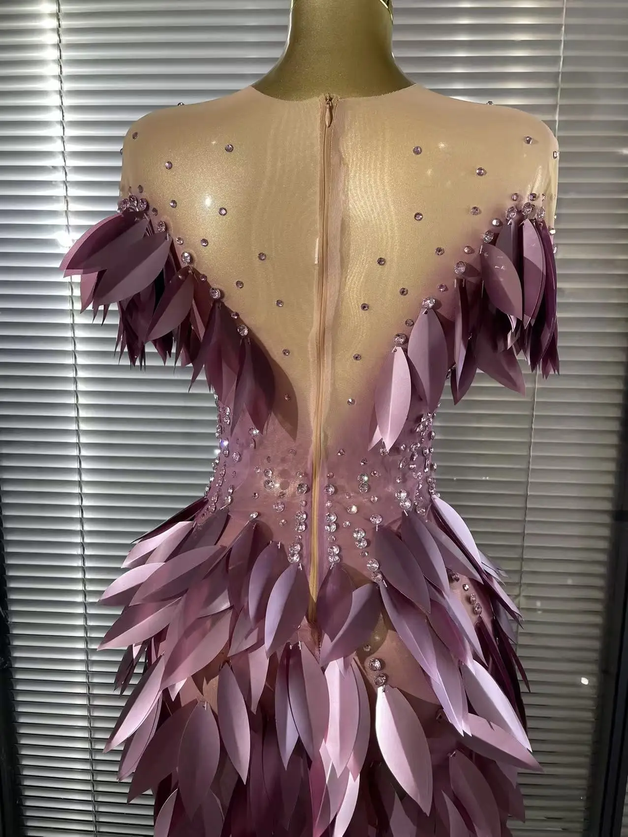 Purple Color Women Sexy 3D Acrylic Leaves Mesh High Stretch Bodycon Long Dress Evening Party Celebrate Birthday Photoshoot Wear
