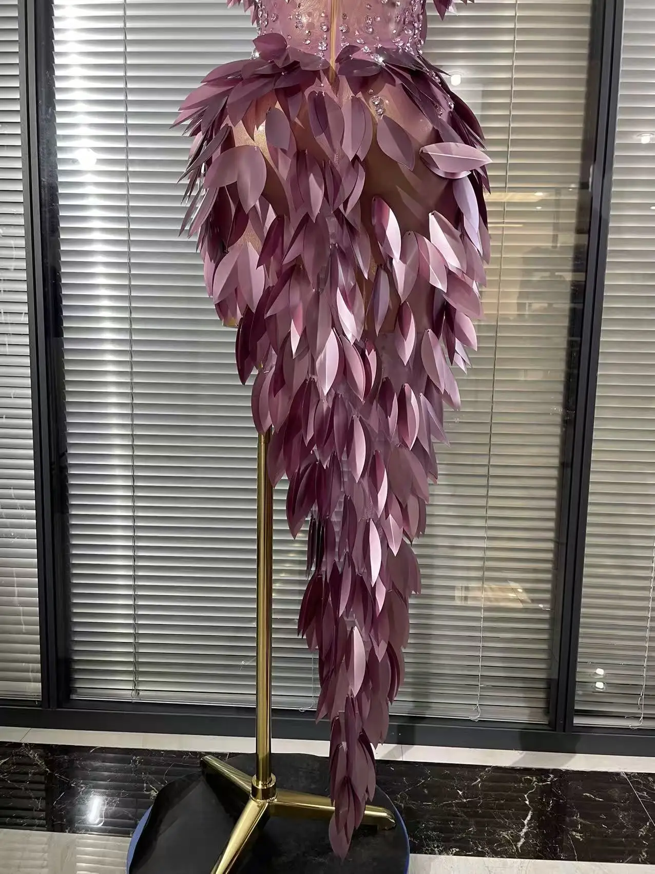 Purple Color Women Sexy 3D Acrylic Leaves Mesh High Stretch Bodycon Long Dress Evening Party Celebrate Birthday Photoshoot Wear