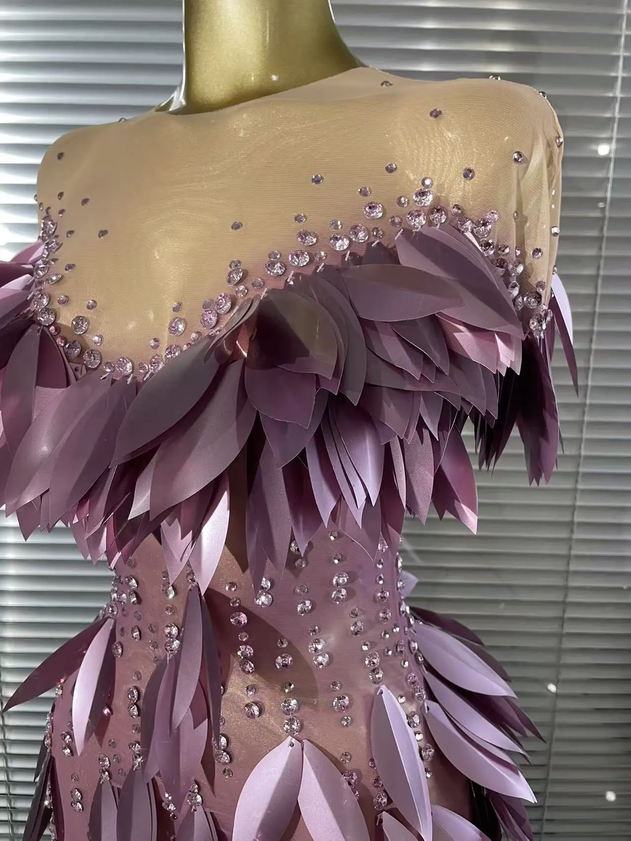 Purple Color Women Sexy 3D Acrylic Leaves Mesh High Stretch Bodycon Long Dress Evening Party Celebrate Birthday Photoshoot Wear