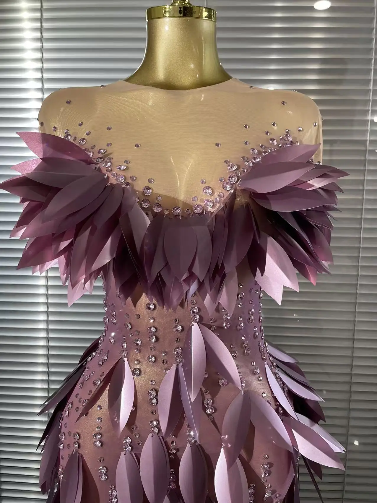 Purple Color Women Sexy 3D Acrylic Leaves Mesh High Stretch Bodycon Long Dress Evening Party Celebrate Birthday Photoshoot Wear