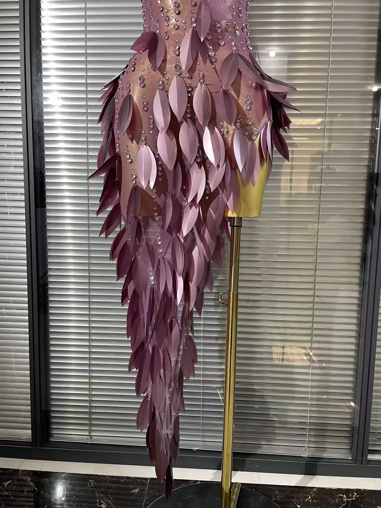 Purple Color Women Sexy 3D Acrylic Leaves Mesh High Stretch Bodycon Long Dress Evening Party Celebrate Birthday Photoshoot Wear