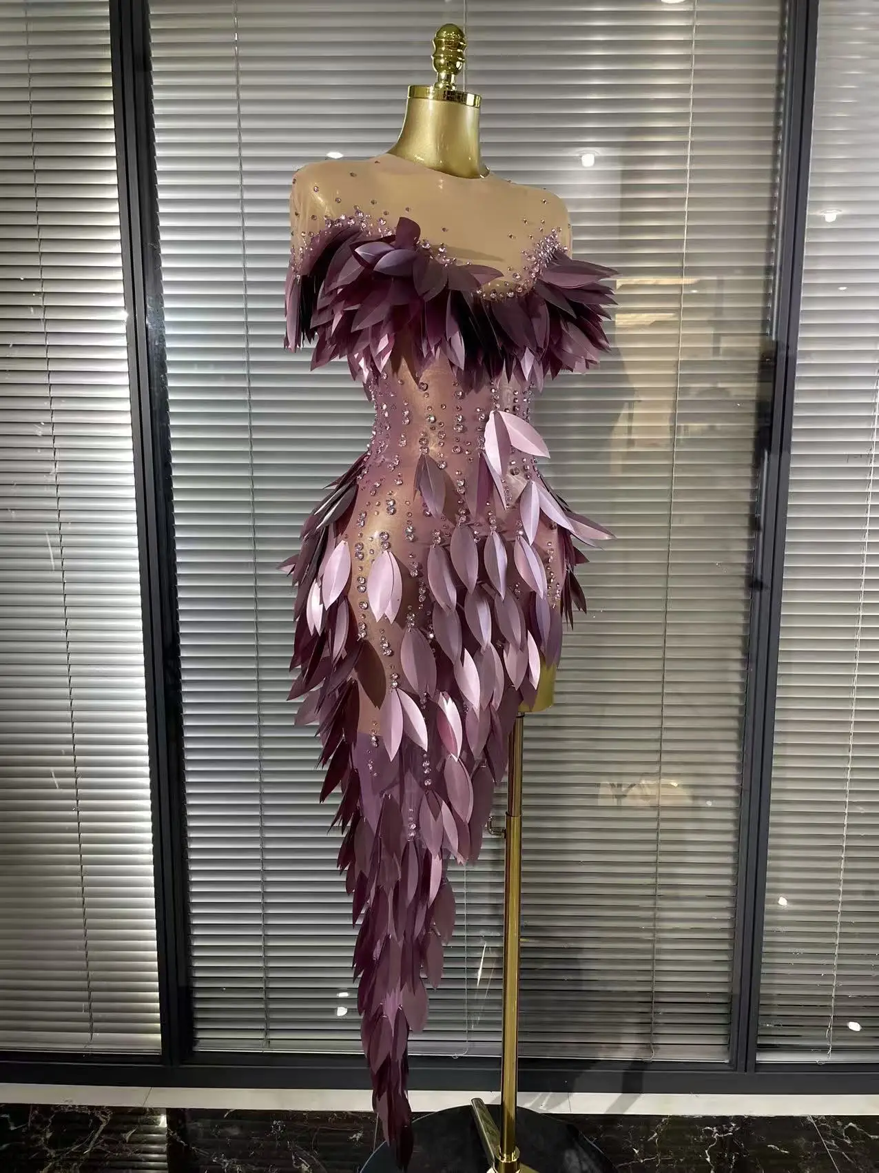 Purple Color Women Sexy 3D Acrylic Leaves Mesh High Stretch Bodycon Long Dress Evening Party Celebrate Birthday Photoshoot Wear