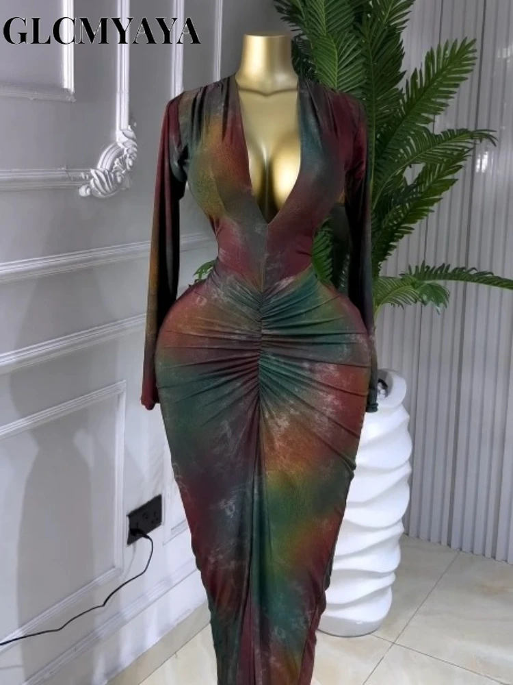 GLCMYAYA Women Printed V-neck Ruched Bodycon Midi Maxi Long Dress 2026 Vacation Birthday Holiday Party Trendy Dresses Vestidos