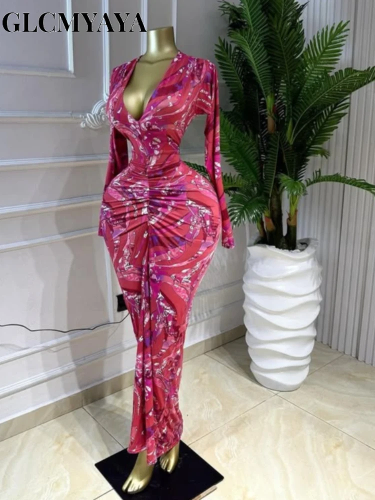 GLCMYAYA Women Printed V-neck Ruched Bodycon Midi Maxi Long Dress 2026 Vacation Birthday Holiday Party Trendy Dresses Vestidos