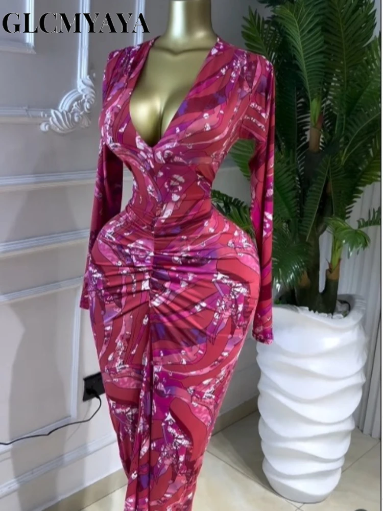 GLCMYAYA Women Printed V-neck Ruched Bodycon Midi Maxi Long Dress 2026 Vacation Birthday Holiday Party Trendy Dresses Vestidos