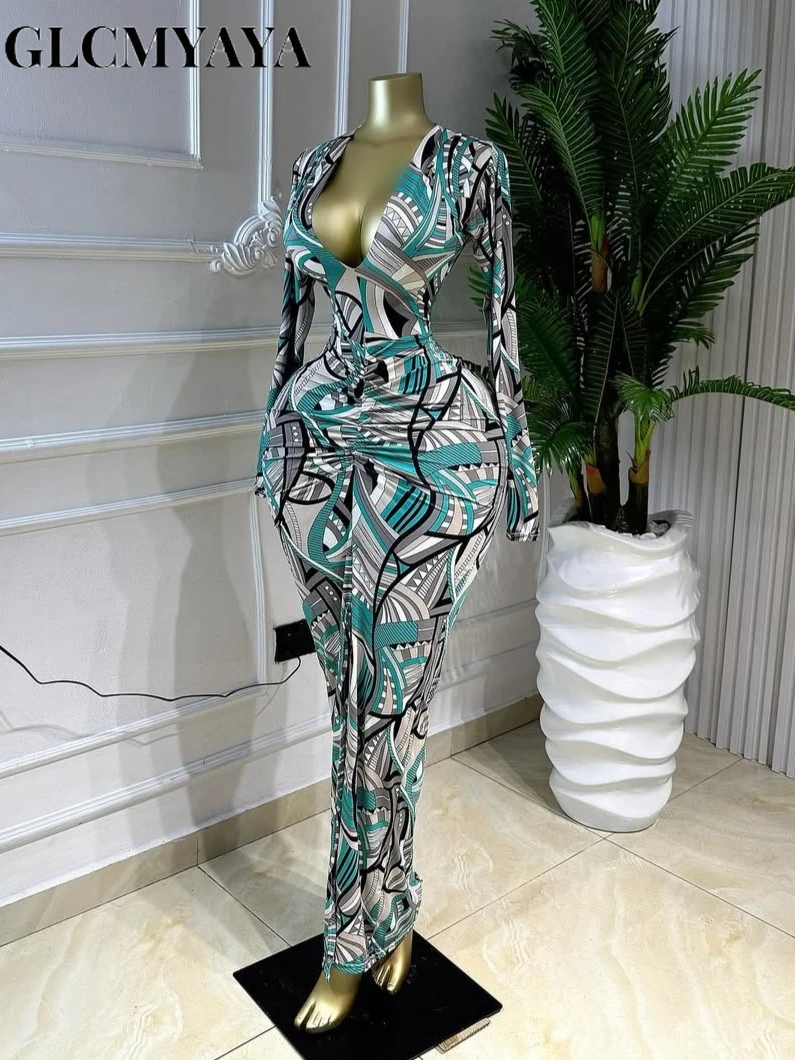GLCMYAYA Women Printed V-neck Ruched Bodycon Midi Maxi Long Dress 2026 Vacation Birthday Holiday Party Trendy Dresses Vestidos