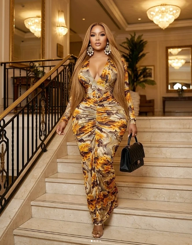 GLCMYAYA Women Printed V-neck Ruched Bodycon Midi Maxi Long Dress 2026 Vacation Birthday Holiday Party Trendy Dresses Vestidos