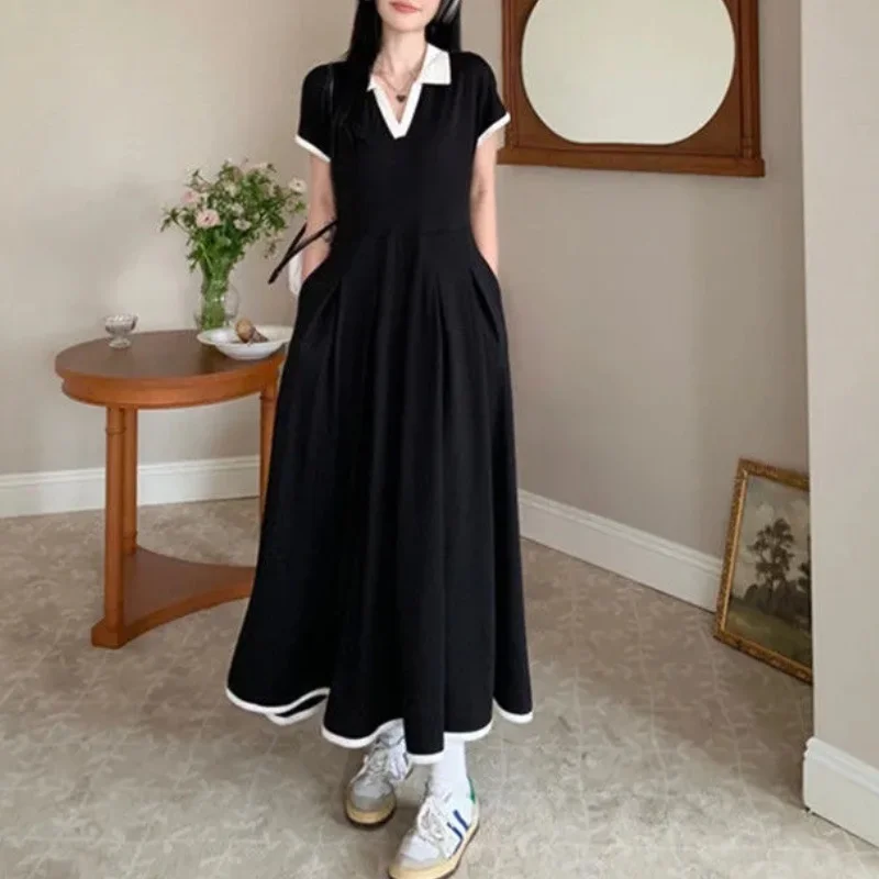 Women Autumn Midi Dresses New Black Vintage Ins Simple Y2K V-neck Korean Preppy Style Elastic Long Sleeved A-Line Sports Dress