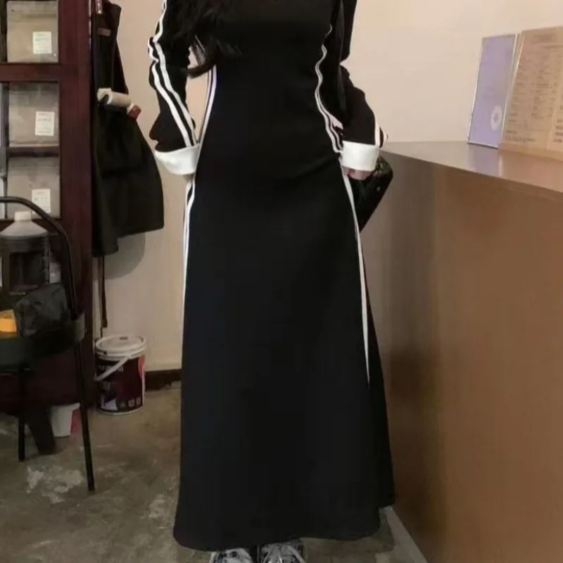 Women Autumn Midi Dresses New Black Vintage Ins Simple Y2K V-neck Korean Preppy Style Elastic Long Sleeved A-Line Sports Dress