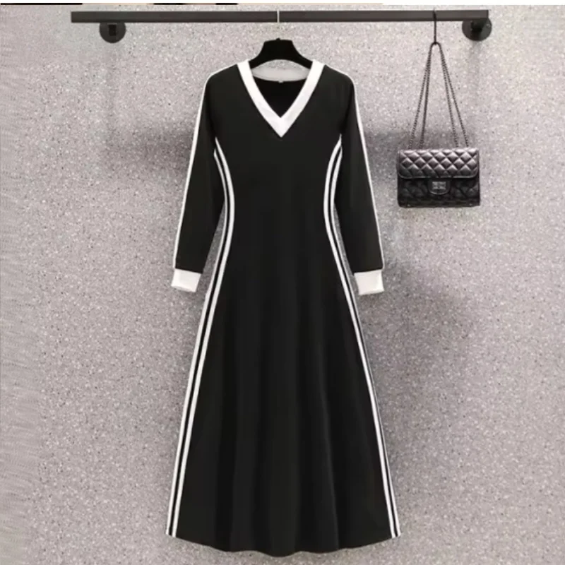Women Autumn Midi Dresses New Black Vintage Ins Simple Y2K V-neck Korean Preppy Style Elastic Long Sleeved A-Line Sports Dress