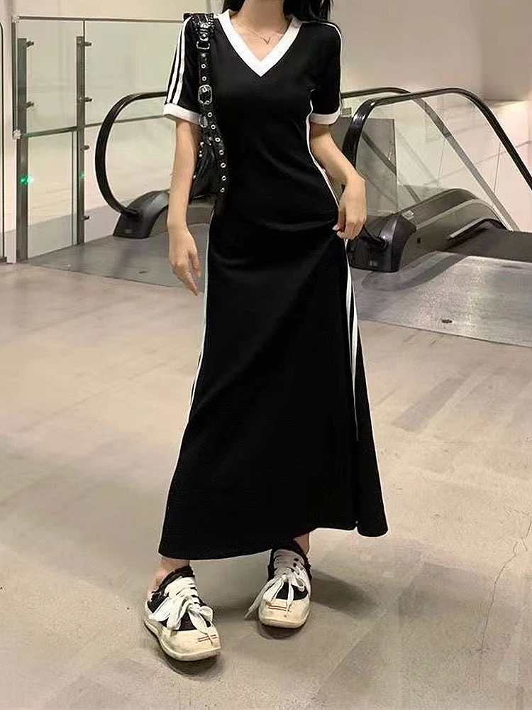 Women Autumn Midi Dresses New Black Vintage Ins Simple Y2K V-neck Korean Preppy Style Elastic Long Sleeved A-Line Sports Dress