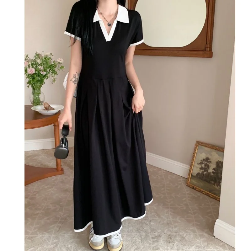 Women Autumn Midi Dresses New Black Vintage Ins Simple Y2K V-neck Korean Preppy Style Elastic Long Sleeved A-Line Sports Dress
