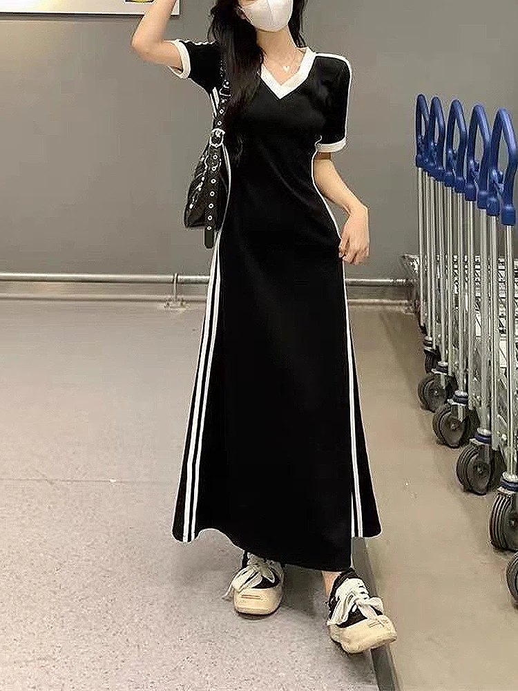Women Autumn Midi Dresses New Black Vintage Ins Simple Y2K V-neck Korean Preppy Style Elastic Long Sleeved A-Line Sports Dress