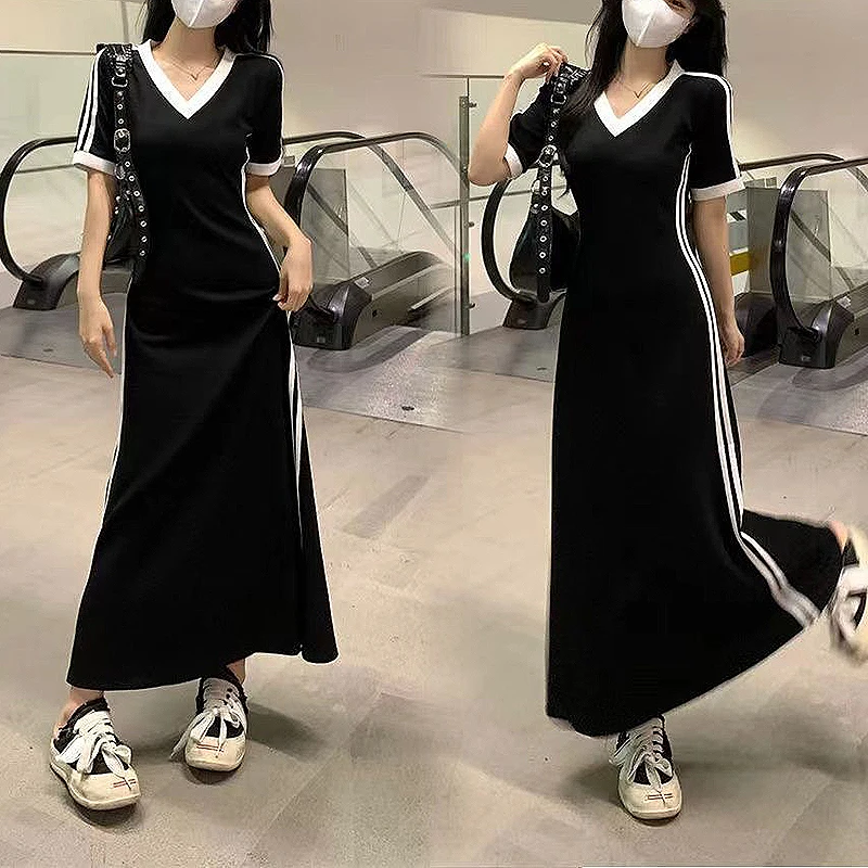 Women Autumn Midi Dresses New Black Vintage Ins Simple Y2K V-neck Korean Preppy Style Elastic Long Sleeved A-Line Sports Dress