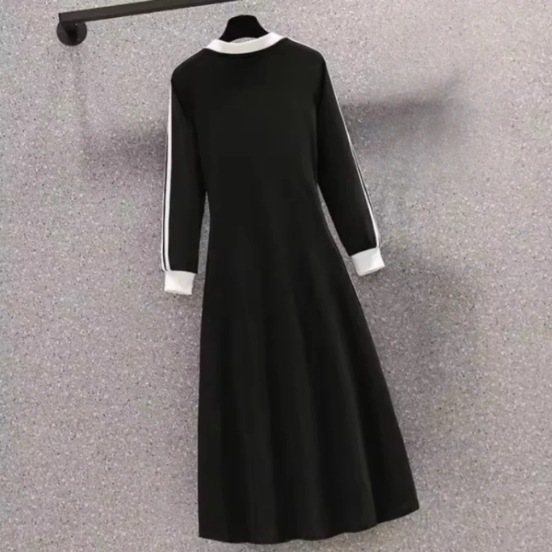 Women Autumn Midi Dresses New Black Vintage Ins Simple Y2K V-neck Korean Preppy Style Elastic Long Sleeved A-Line Sports Dress