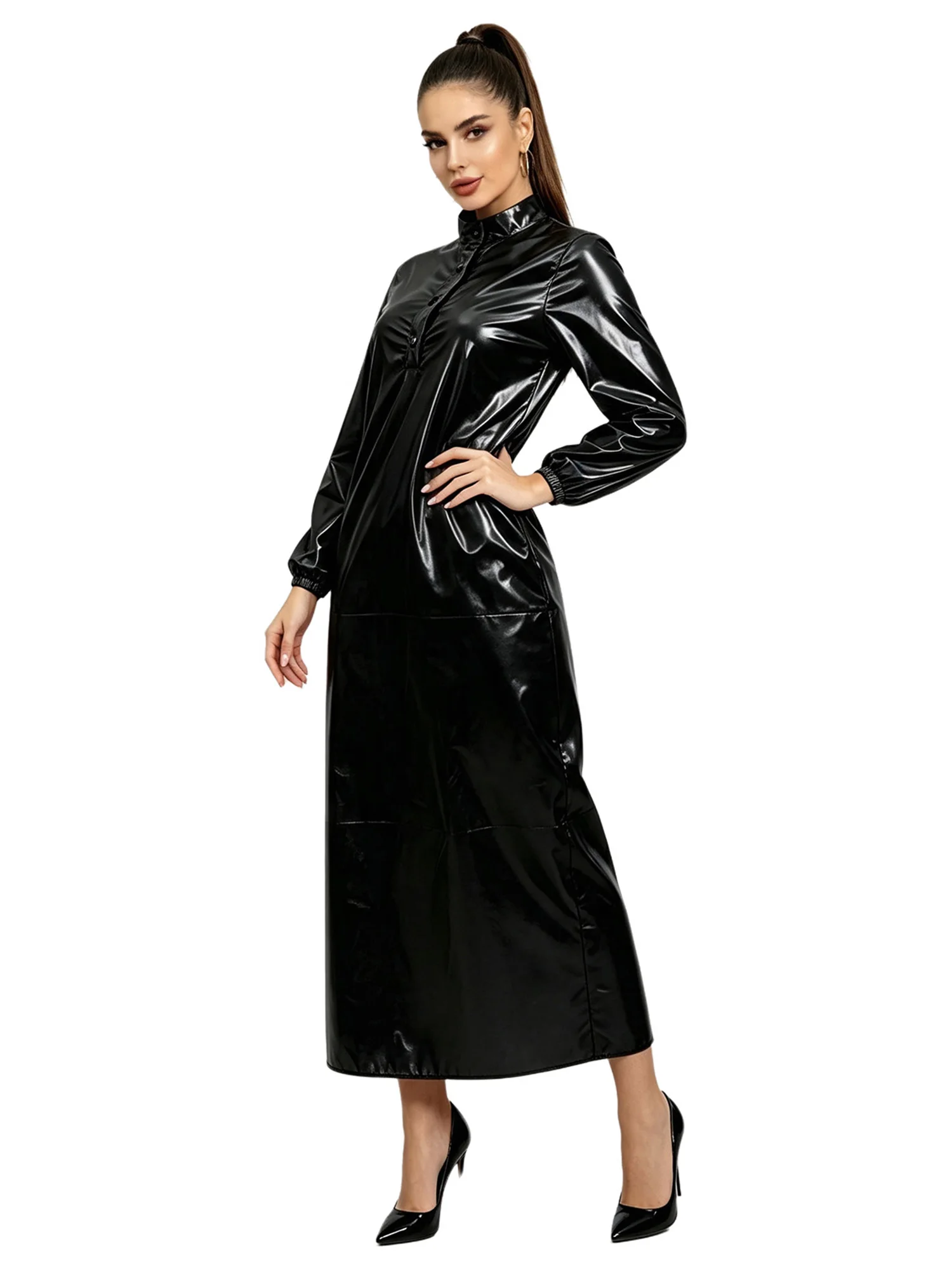 Women's Sexy Glossy Vinyl Metallic Dress Turtleneck Long Sleeve Shiny Clubwear for Rave Party Music Festival Night Out