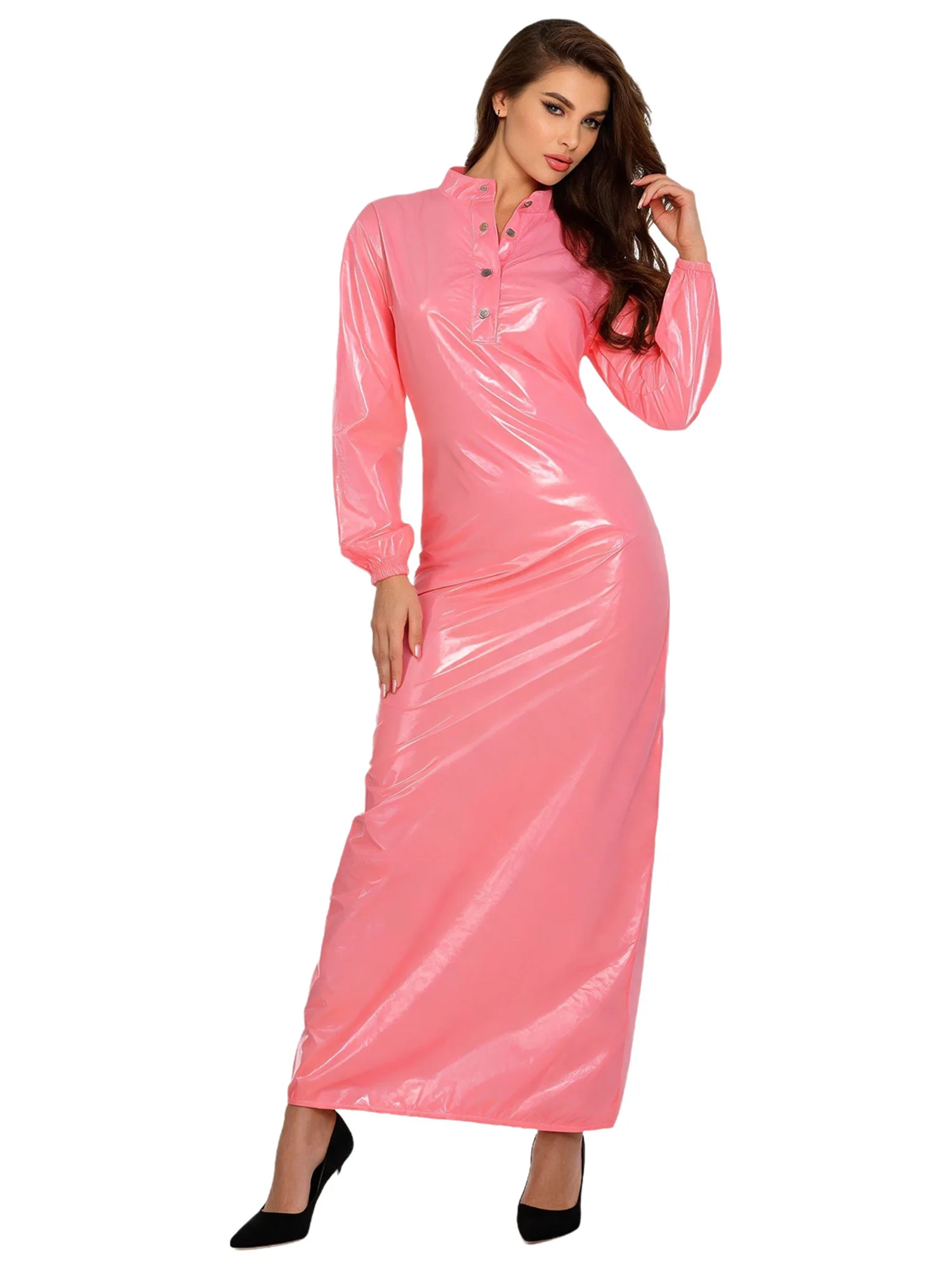 Women's Sexy Glossy Vinyl Metallic Dress Turtleneck Long Sleeve Shiny Clubwear for Rave Party Music Festival Night Out