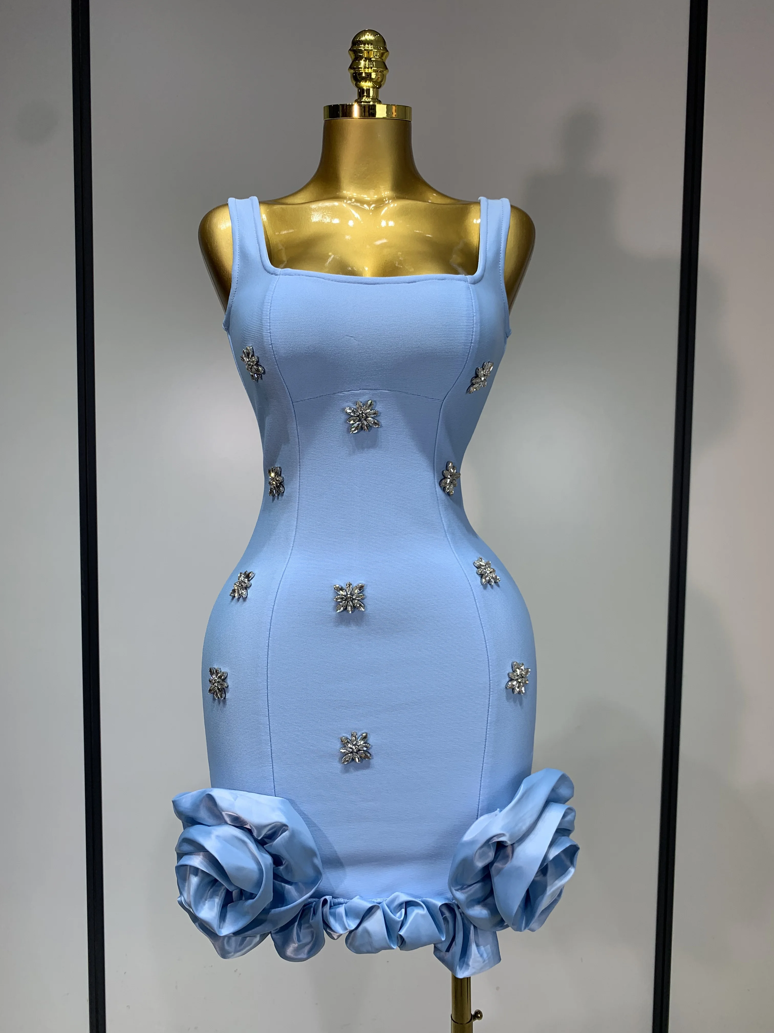 Women Sexy Square Collar Sparkly Rhinestone Bodycon Mini Bandage Dress Celebrate Evening Party Elegant Luxury Birthday Dress