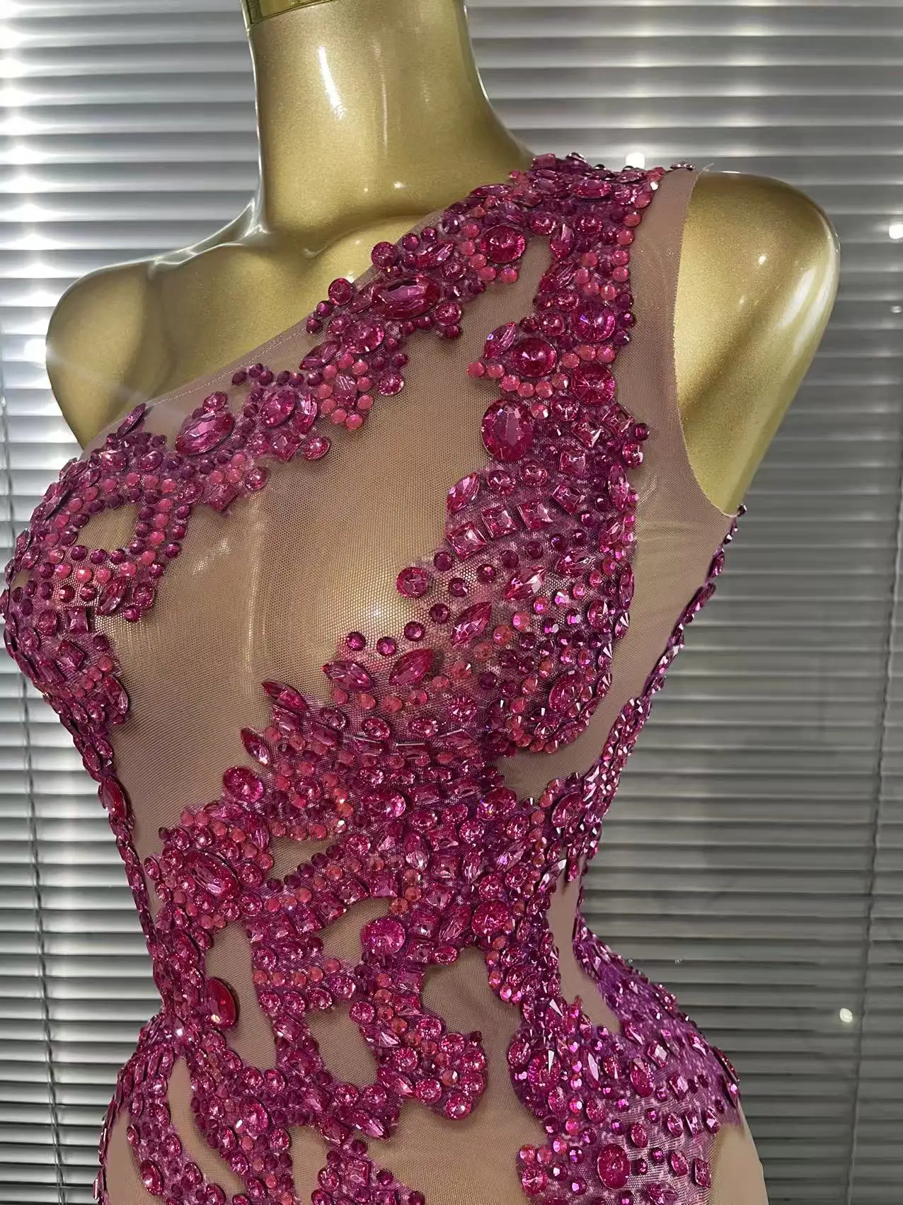 Shining Rosered Crystal Women Sexy One Shoulder Mesh See Through Bodycon Mini Dress Bar Singer Celebrate Performance Costumes