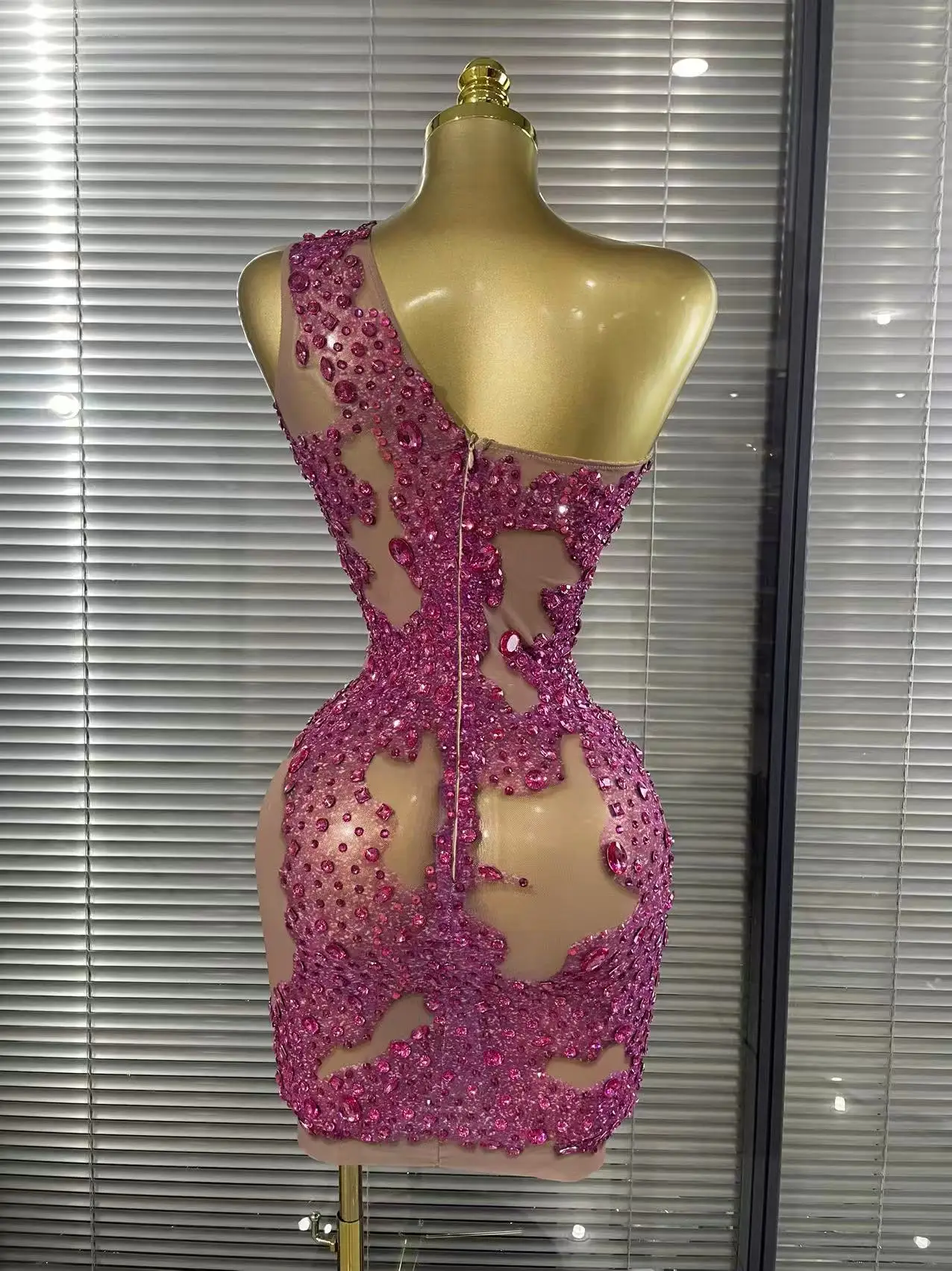 Shining Rosered Crystal Women Sexy One Shoulder Mesh See Through Bodycon Mini Dress Bar Singer Celebrate Performance Costumes