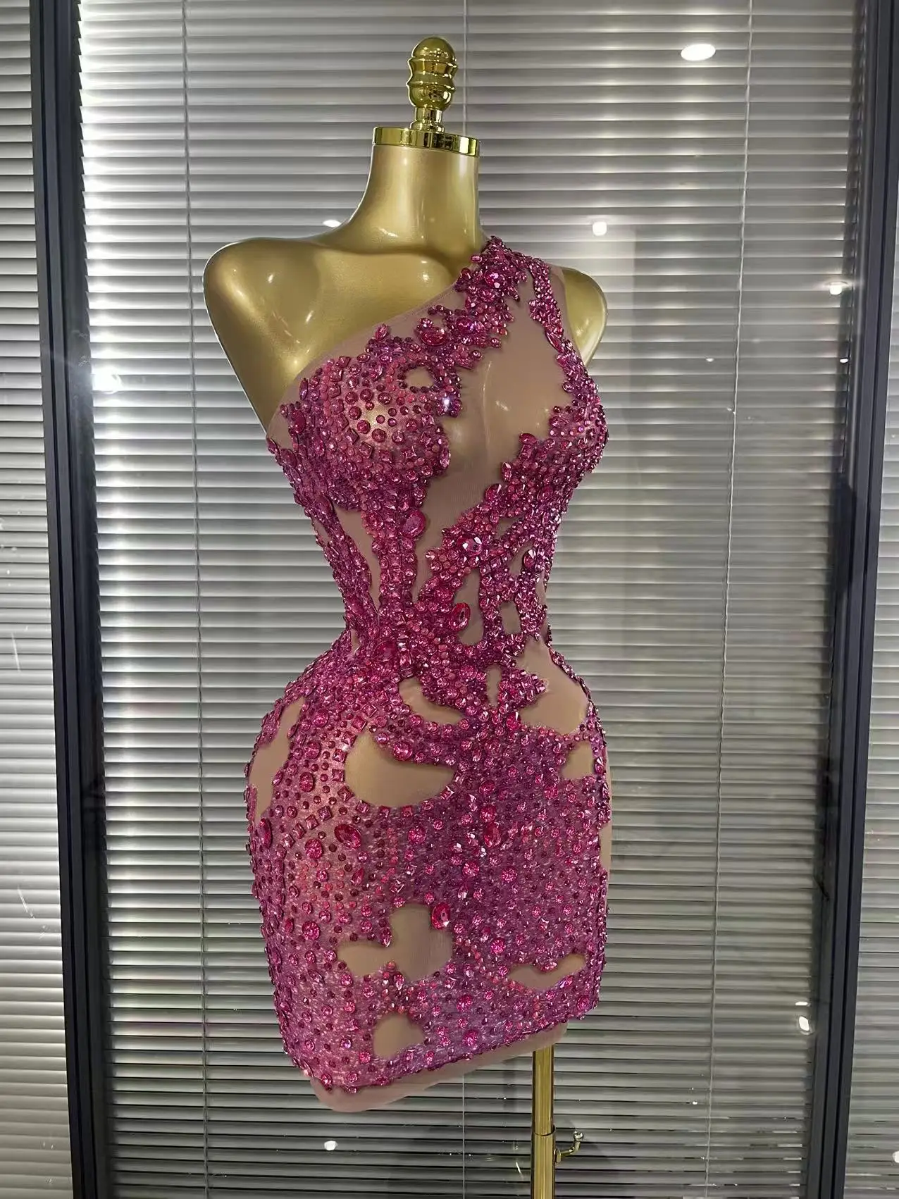 Shining Rosered Crystal Women Sexy One Shoulder Mesh See Through Bodycon Mini Dress Bar Singer Celebrate Performance Costumes