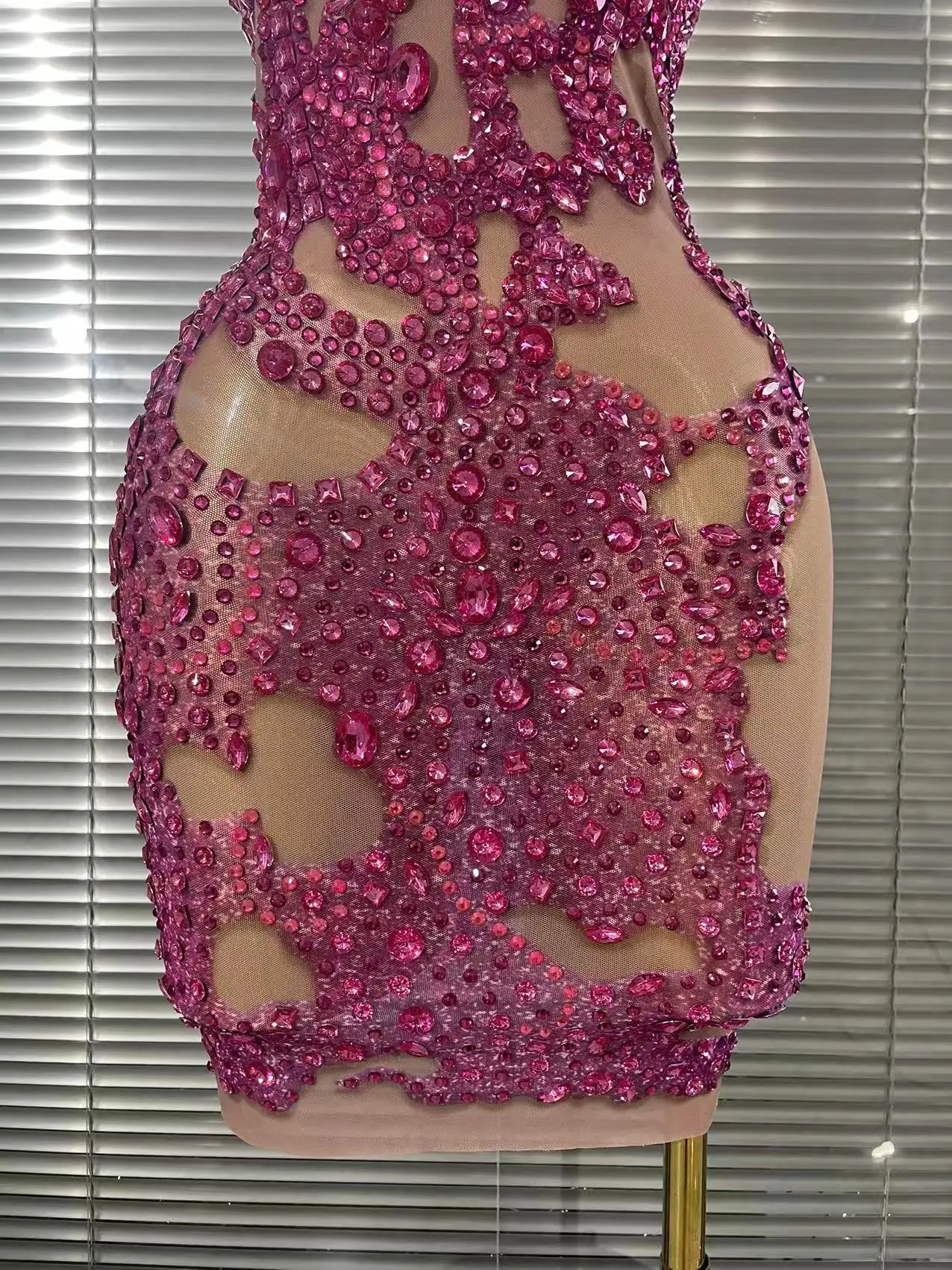 Shining Rosered Crystal Women Sexy One Shoulder Mesh See Through Bodycon Mini Dress Bar Singer Celebrate Performance Costumes