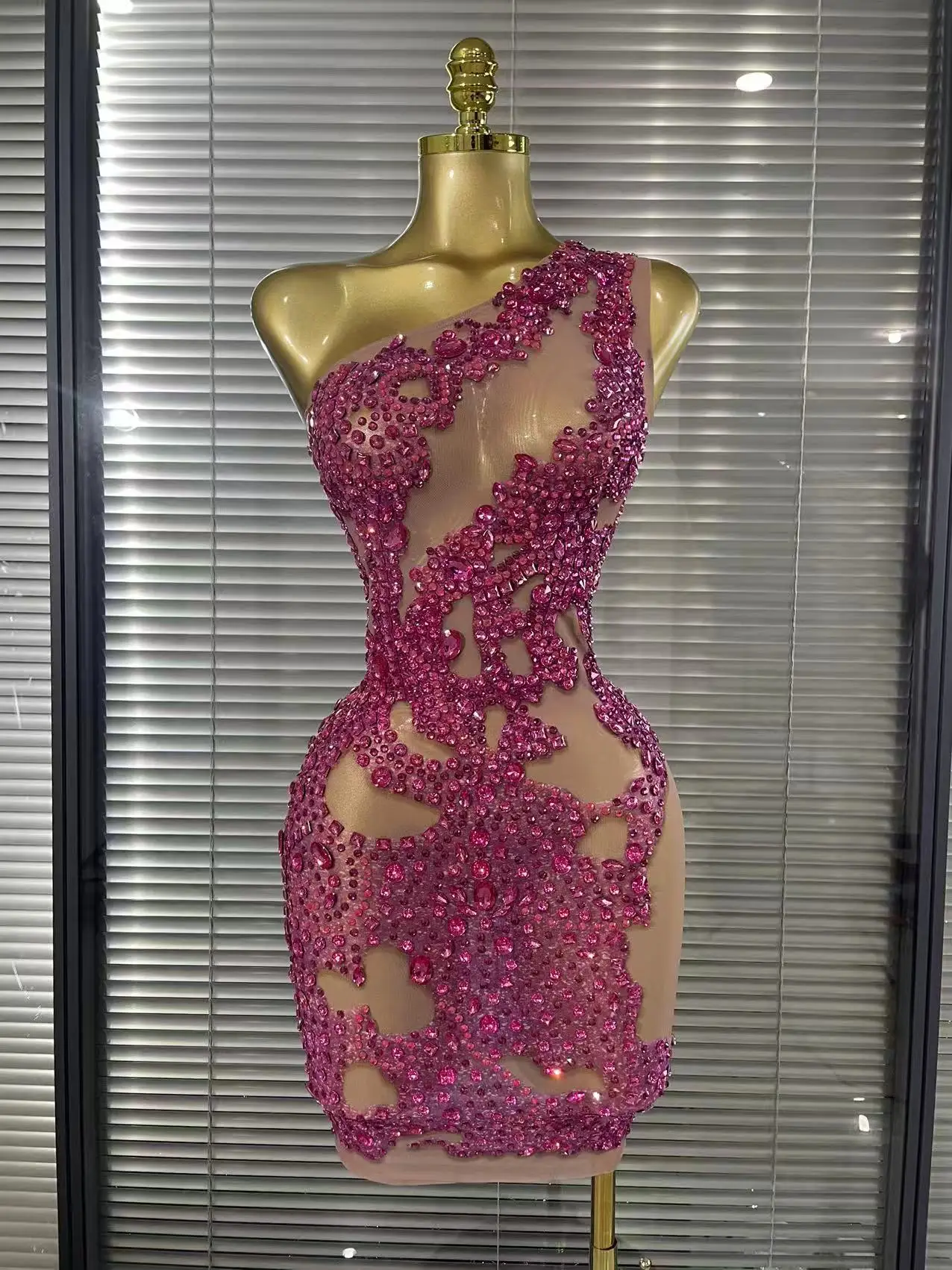 Shining Rosered Crystal Women Sexy One Shoulder Mesh See Through Bodycon Mini Dress Bar Singer Celebrate Performance Costumes