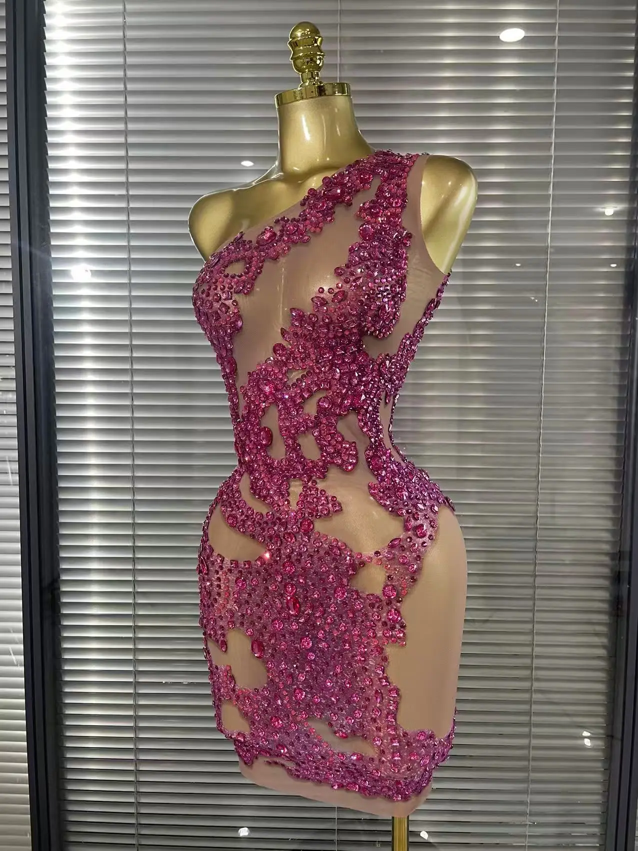Shining Rosered Crystal Women Sexy One Shoulder Mesh See Through Bodycon Mini Dress Bar Singer Celebrate Performance Costumes