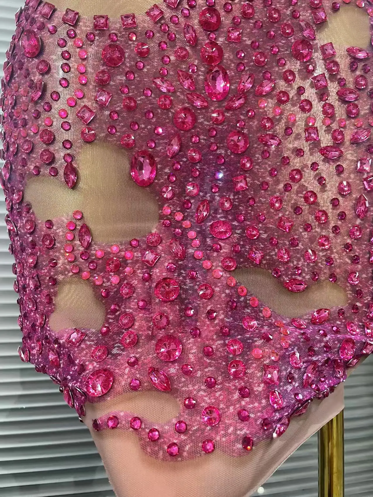 Shining Rosered Crystal Women Sexy One Shoulder Mesh See Through Bodycon Mini Dress Bar Singer Celebrate Performance Costumes