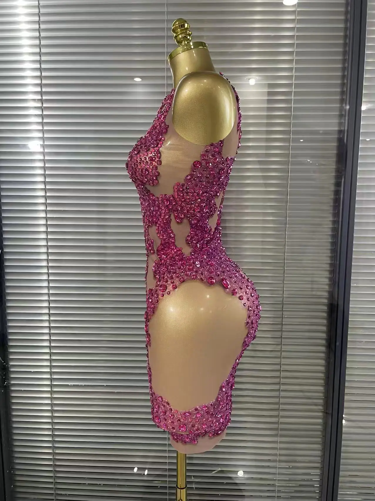 Shining Rosered Crystal Women Sexy One Shoulder Mesh See Through Bodycon Mini Dress Bar Singer Celebrate Performance Costumes