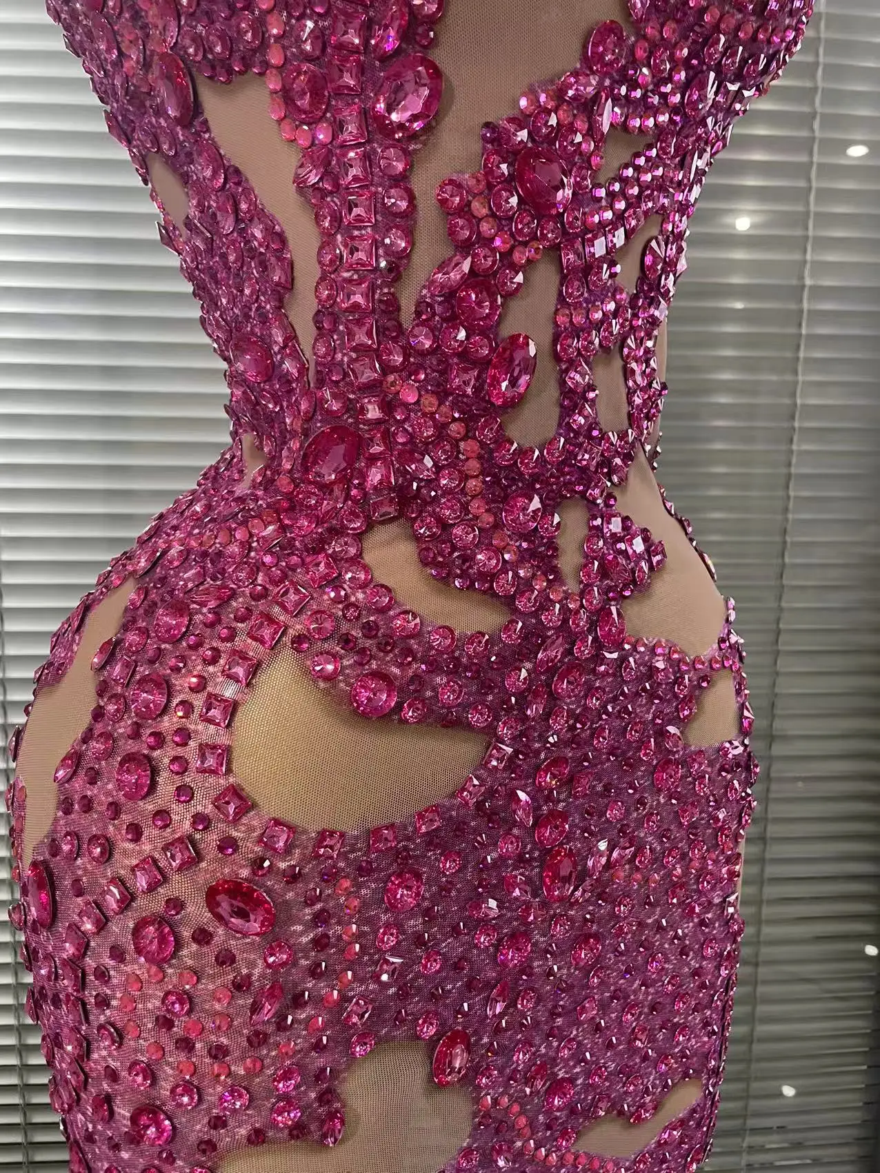 Shining Rosered Crystal Women Sexy One Shoulder Mesh See Through Bodycon Mini Dress Bar Singer Celebrate Performance Costumes