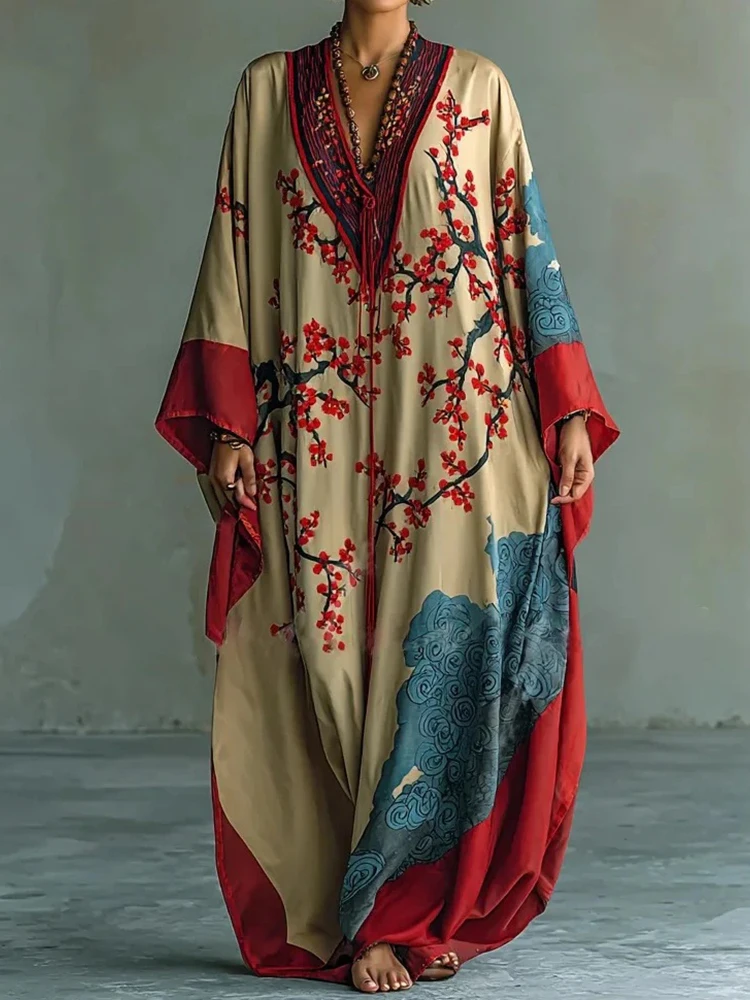Women Spring Autumn V Neck Chic Maxi Dress, Holiday Fashion Elegant Long Sleeve Party Dress, 2026 Printed Patchwork Ladies Dress