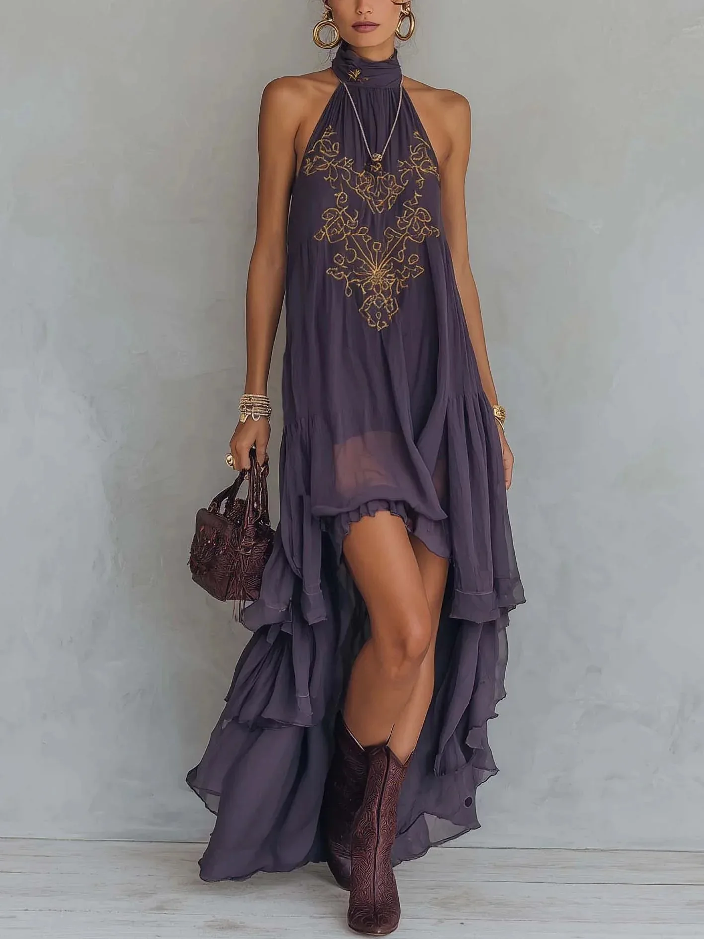 2026 new summer Fashionable Dress European and American Style Purple casual elegant Turtleneck Sleeveless Ruffled Long Dress