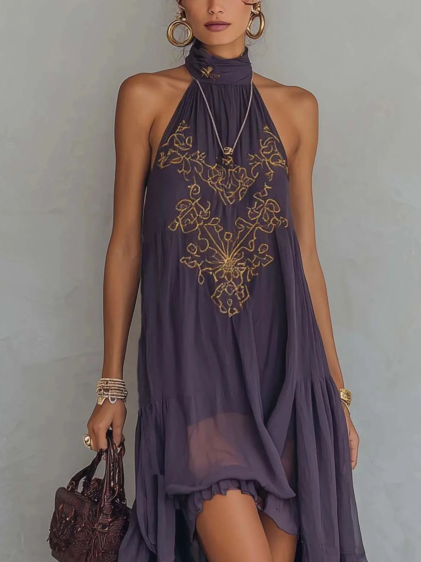 2026 new summer Fashionable Dress European and American Style Purple casual elegant Turtleneck Sleeveless Ruffled Long Dress
