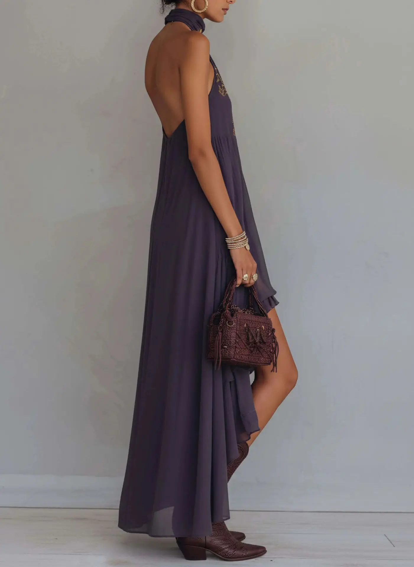 2026 new summer Fashionable Dress European and American Style Purple casual elegant Turtleneck Sleeveless Ruffled Long Dress