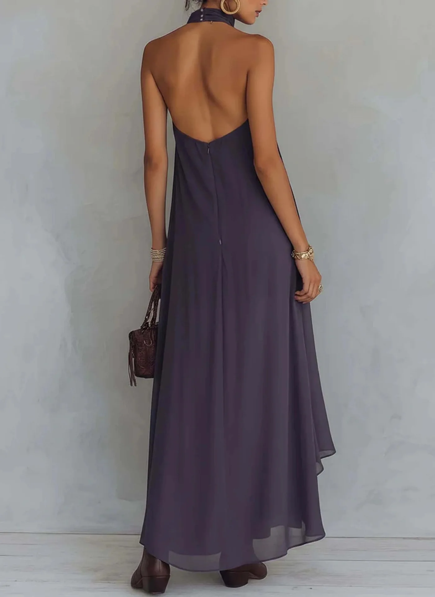 2026 new summer Fashionable Dress European and American Style Purple casual elegant Turtleneck Sleeveless Ruffled Long Dress