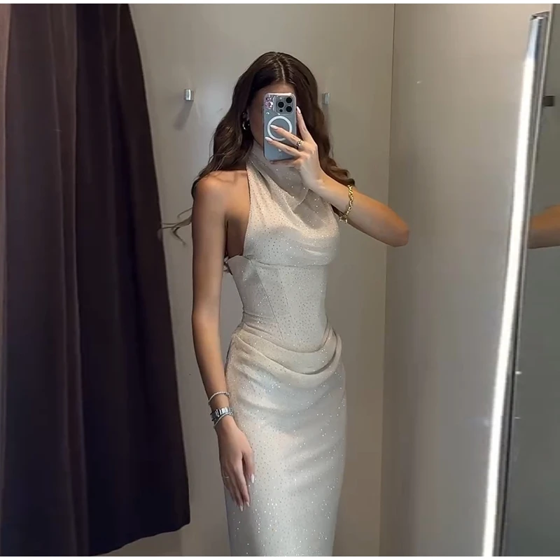  Elegant Rhinestone Halter Long Dress Women Boning Sleeveless Backless Draped Bodycon Dresses 20026 New Lady Evening Party Gown