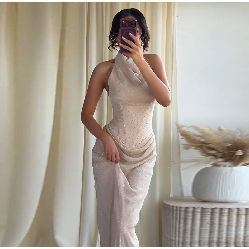  Elegant Rhinestone Halter Long Dress Women Boning Sleeveless Backless Draped Bodycon Dresses 20026 New Lady Evening Party Gown