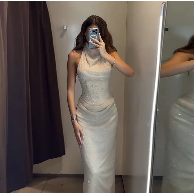  Elegant Rhinestone Halter Long Dress Women Boning Sleeveless Backless Draped Bodycon Dresses 20026 New Lady Evening Party Gown