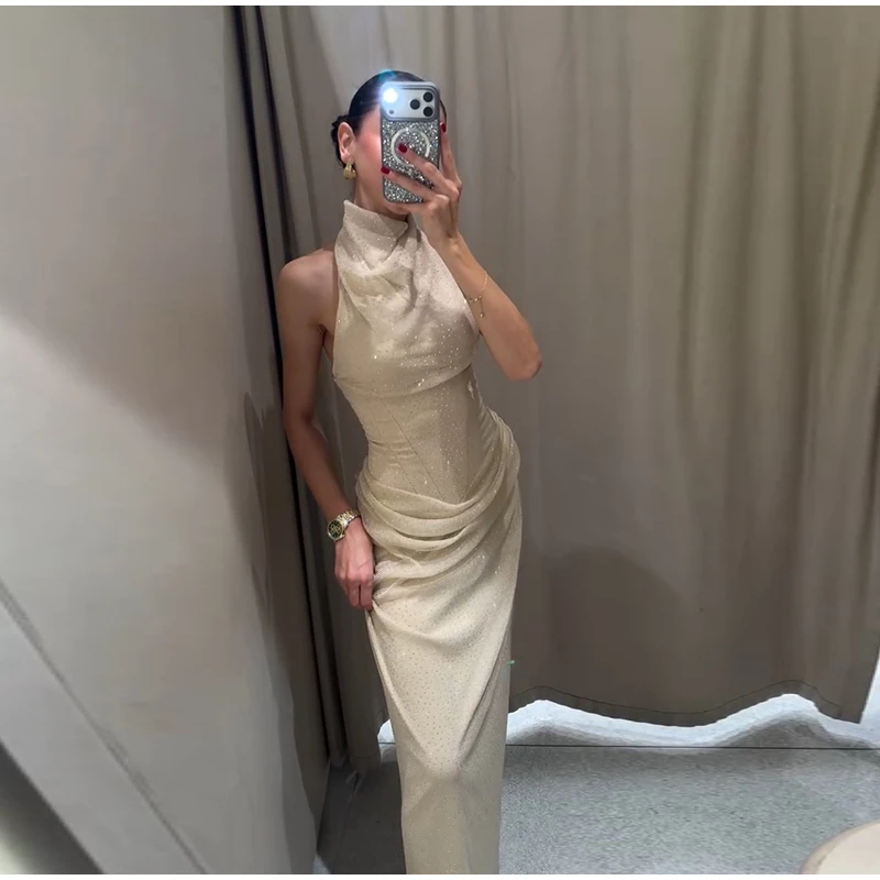  Elegant Rhinestone Halter Long Dress Women Boning Sleeveless Backless Draped Bodycon Dresses 20026 New Lady Evening Party Gown