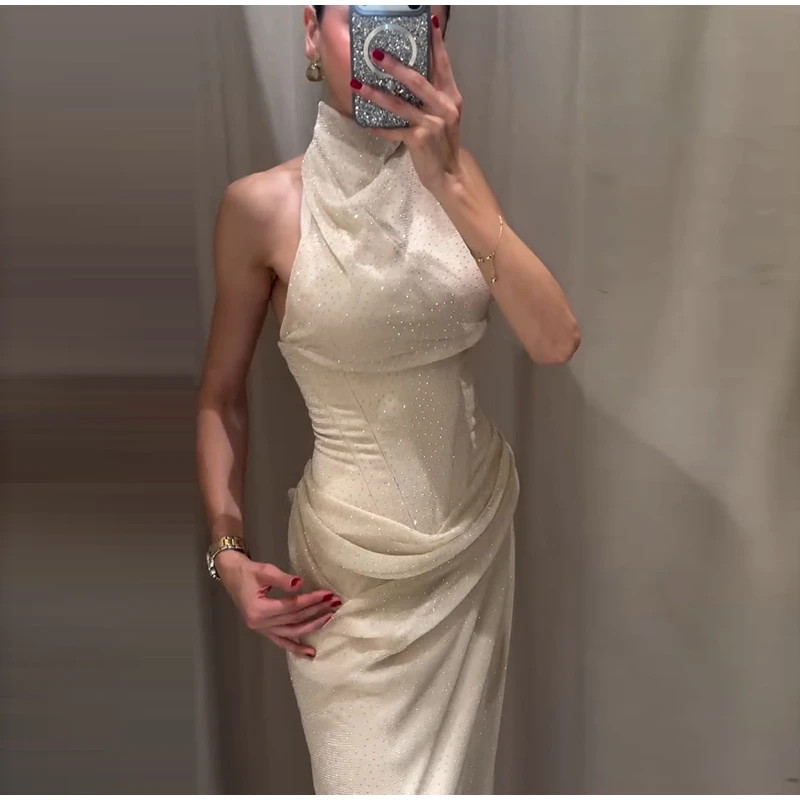  Elegant Rhinestone Halter Long Dress Women Boning Sleeveless Backless Draped Bodycon Dresses 20026 New Lady Evening Party Gown