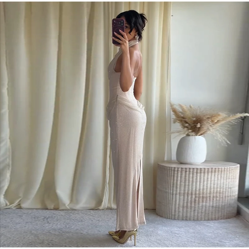  Elegant Rhinestone Halter Long Dress Women Boning Sleeveless Backless Draped Bodycon Dresses 20026 New Lady Evening Party Gown