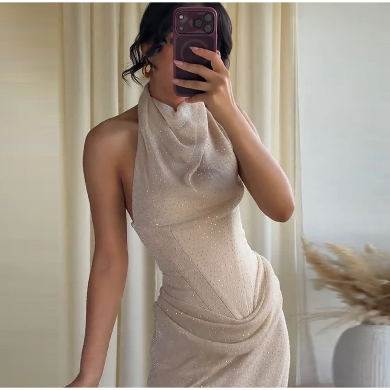 Elegant Rhinestone Halter Long Dress Women Boning Sleeveless Backless Draped Bodycon Dresses 20026 New Lady Evening Party Gown