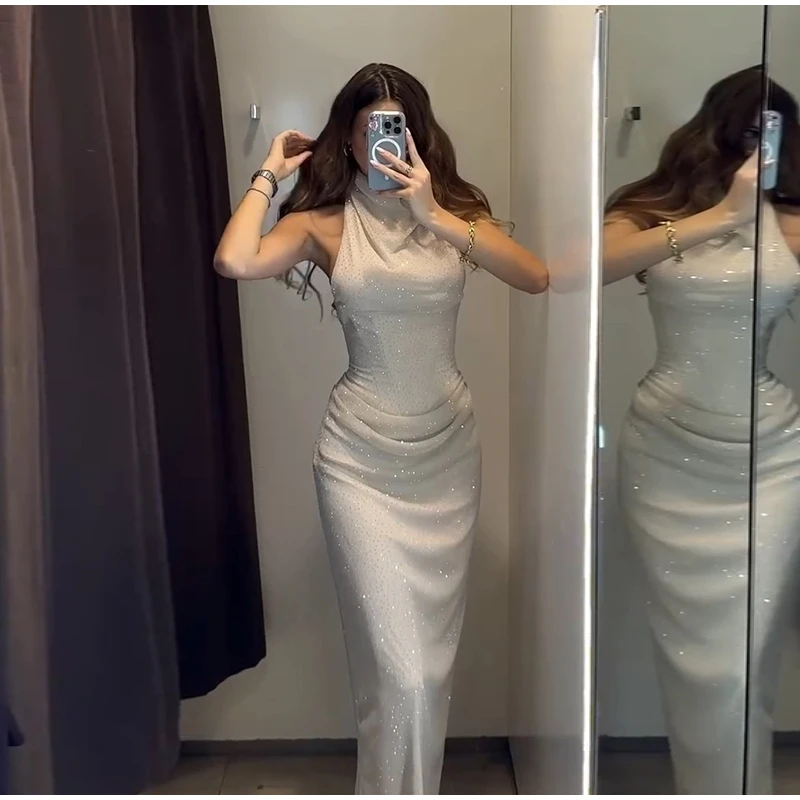 Elegant Rhinestone Halter Long Dress Women Boning Sleeveless Backless Draped Bodycon Dresses 20026 New Lady Evening Party Gown
