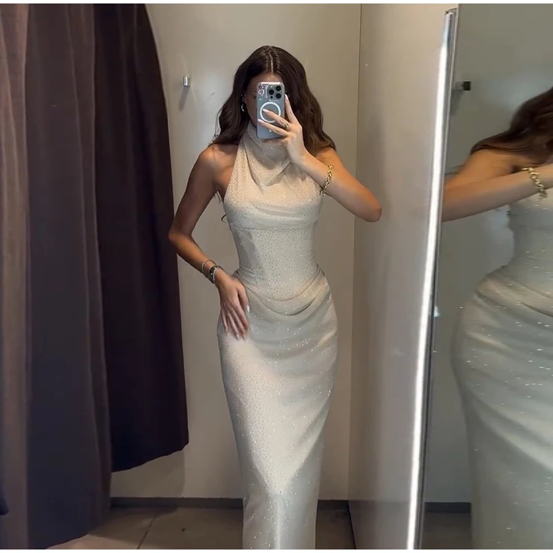  Elegant Rhinestone Halter Long Dress Women Boning Sleeveless Backless Draped Bodycon Dresses 20026 New Lady Evening Party Gown